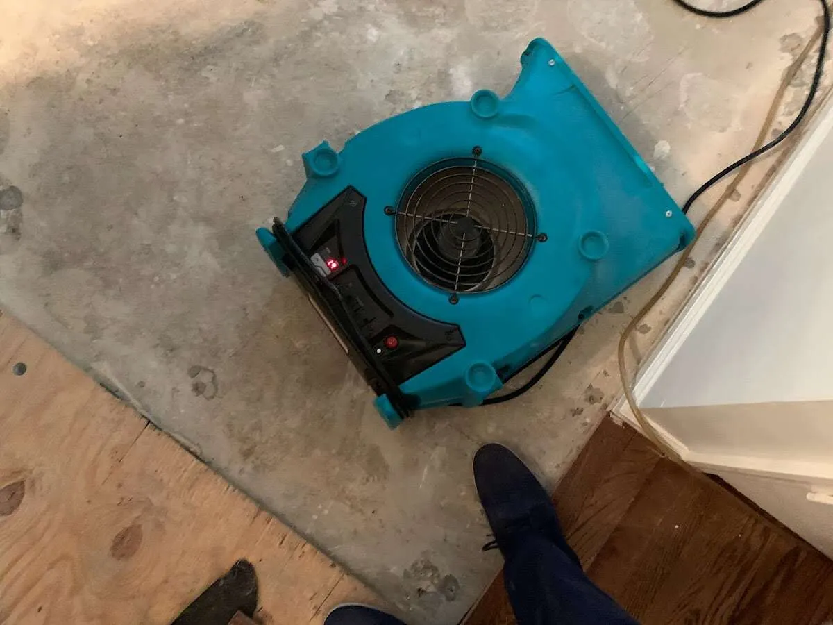 Air mover drying subfloor during Commercial Water Damage Restoration in Azusa